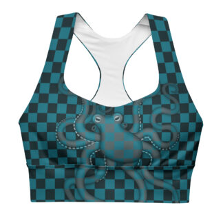 CAVIS Checkered Camouflage Octopus Longline Sports Bra, Retro 80’s Style Swimsuit Top, Nautical Tankini