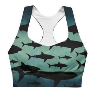 CAVIS Shark Pattern Longline Sports Bra, Alternative Nautical Swimsuit Top, Green Tankini