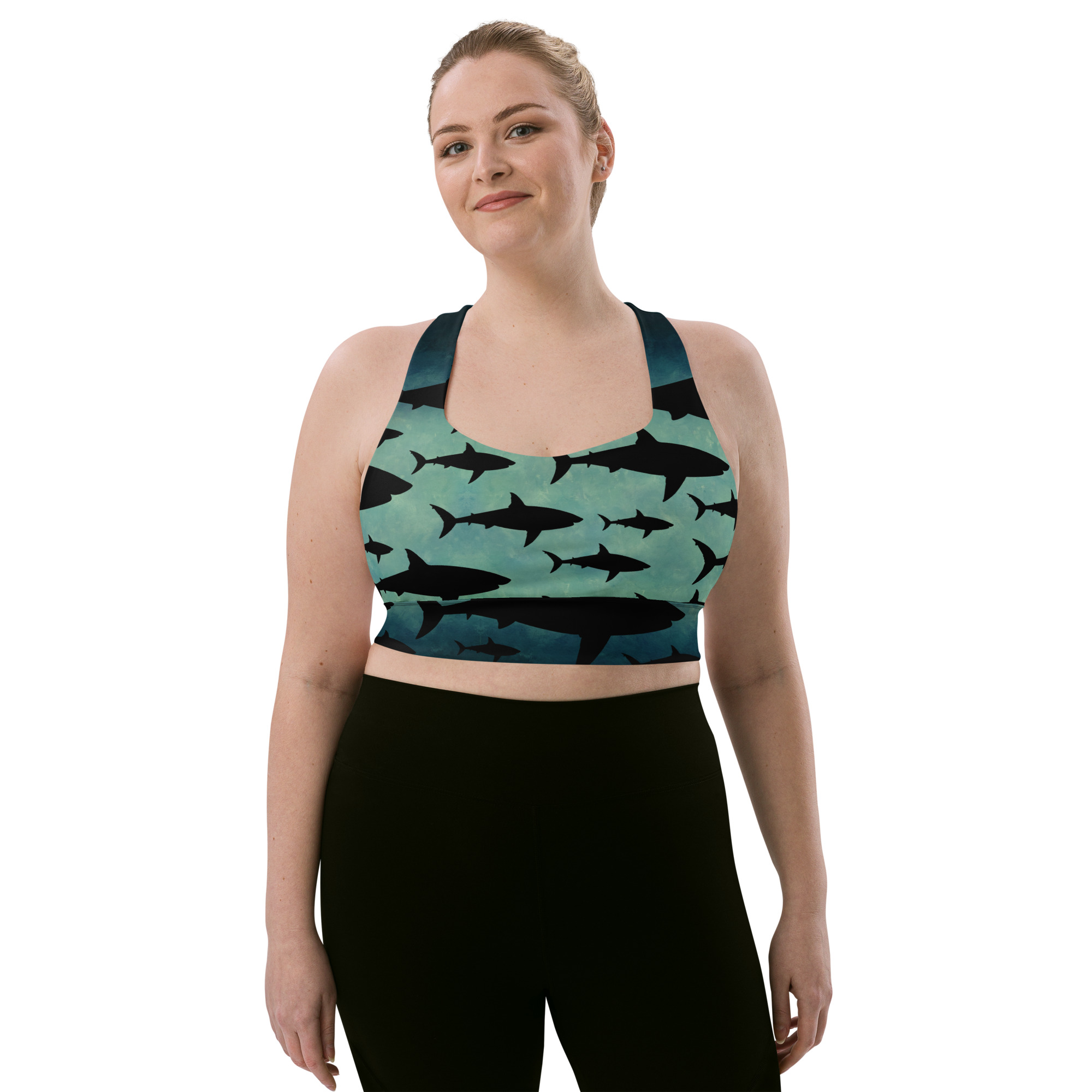 CAVIS Shark Pattern Longline Sports Bra, Alternative Nautical Swimsuit Top, Green Tankini - Image 8