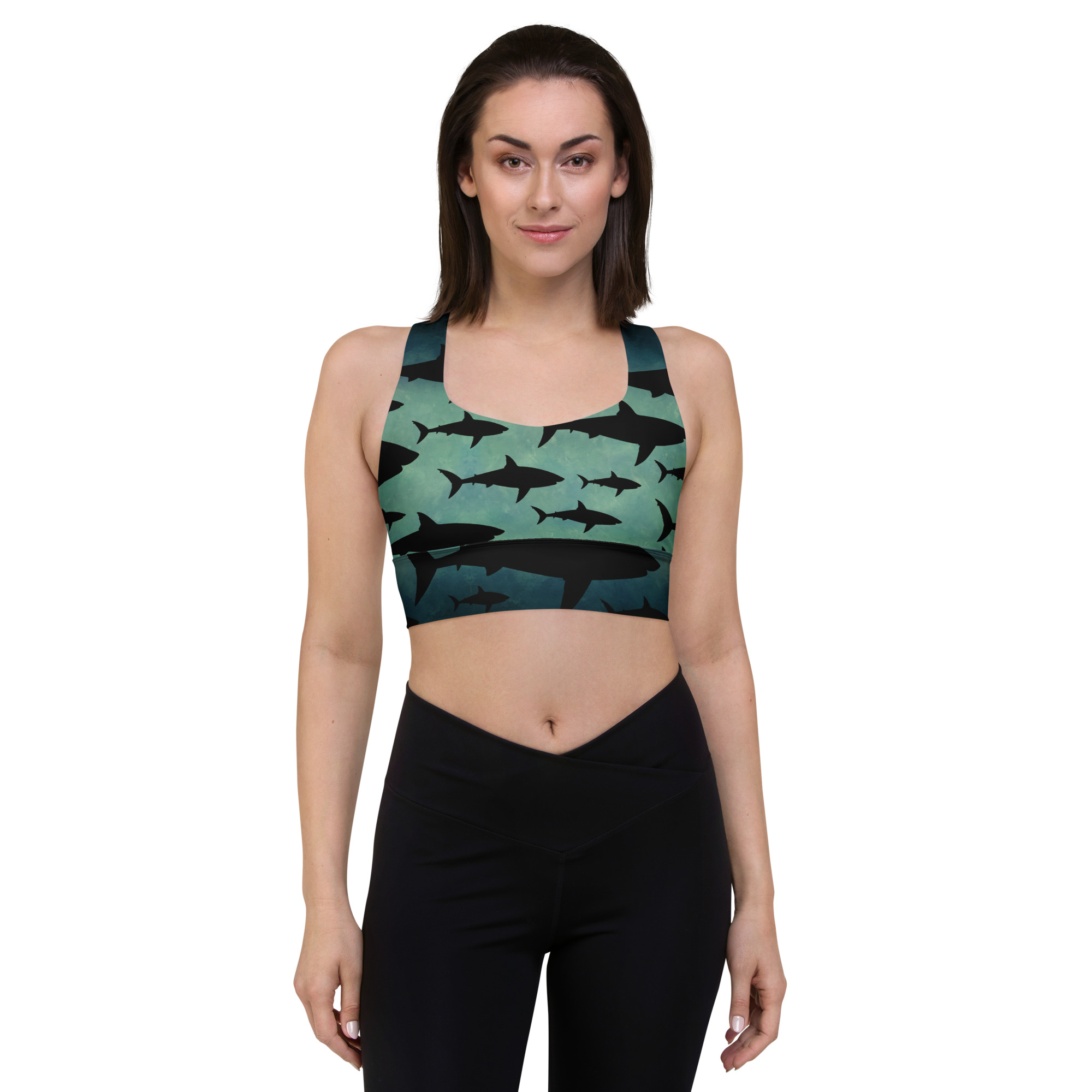 CAVIS Shark Pattern Longline Sports Bra, Alternative Nautical Swimsuit Top, Green Tankini - Image 9
