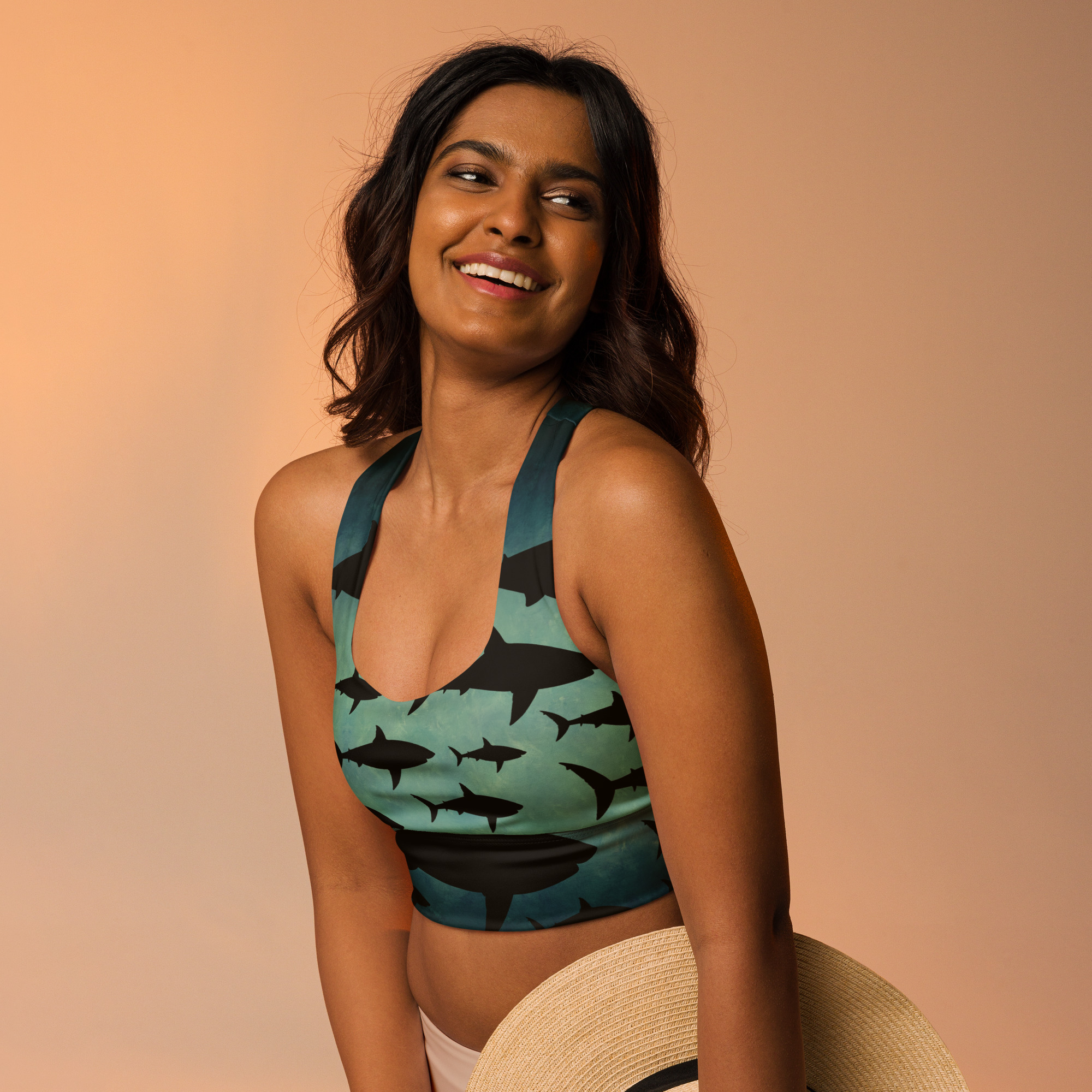 CAVIS Shark Pattern Longline Sports Bra, Alternative Nautical Swimsuit Top, Green Tankini - Image 5