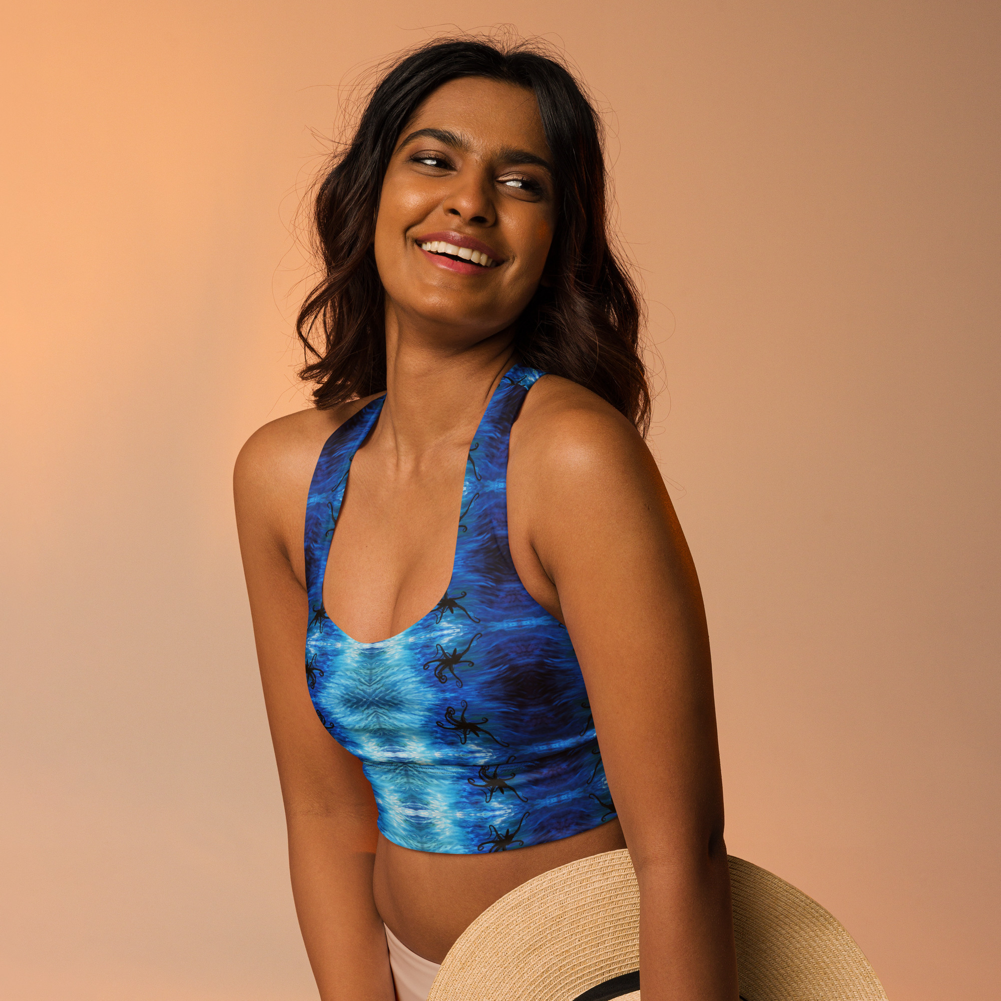 CAVIS Blue Ocean Octopus Longline Sports Bra, Alternative Nautical Swimsuit Top, Tankini - Image 5