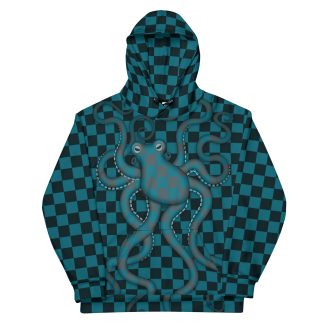 CAVIS Checkered Octopus Camouflage Hoodie, Retro 80's Nautical Unisex Pull-Over Sweatshirt